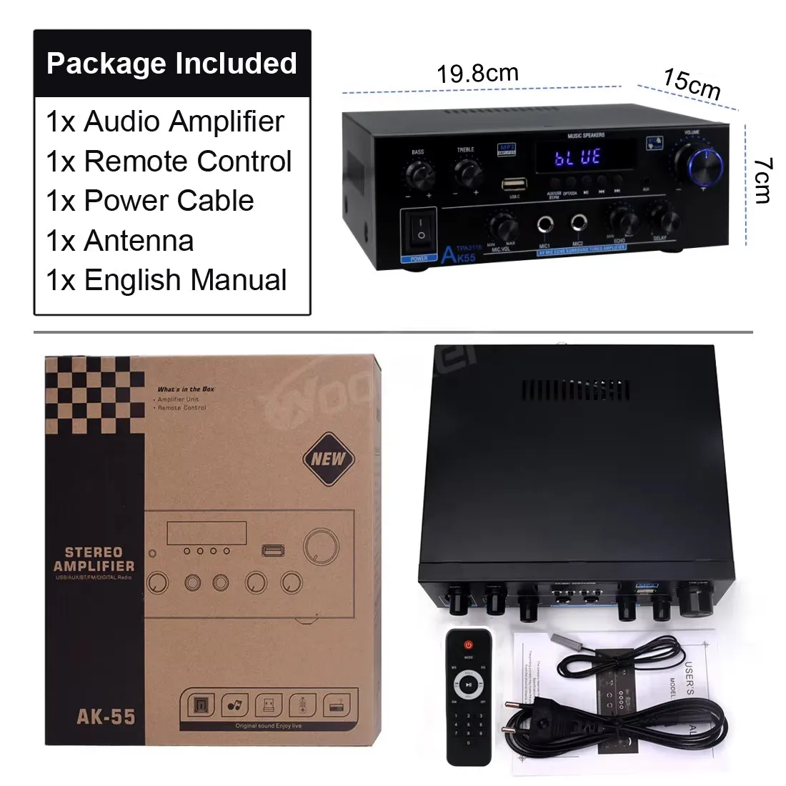 Amplificador Digital Woopker AK35/AK45 Pro/AK55, Amplificador de Sonido Bluetooth de 2 Canales HIFi FM USB para Casa, Auto y Karaoke