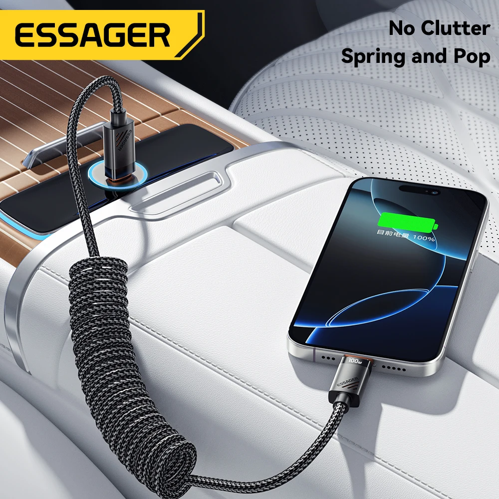 Essager Cable tipo C de resorte para coche para iPhone 16 15 Xiaomi Samsung 100W PD carga rápida para Macbook iPad Cable tipo C a tipo C