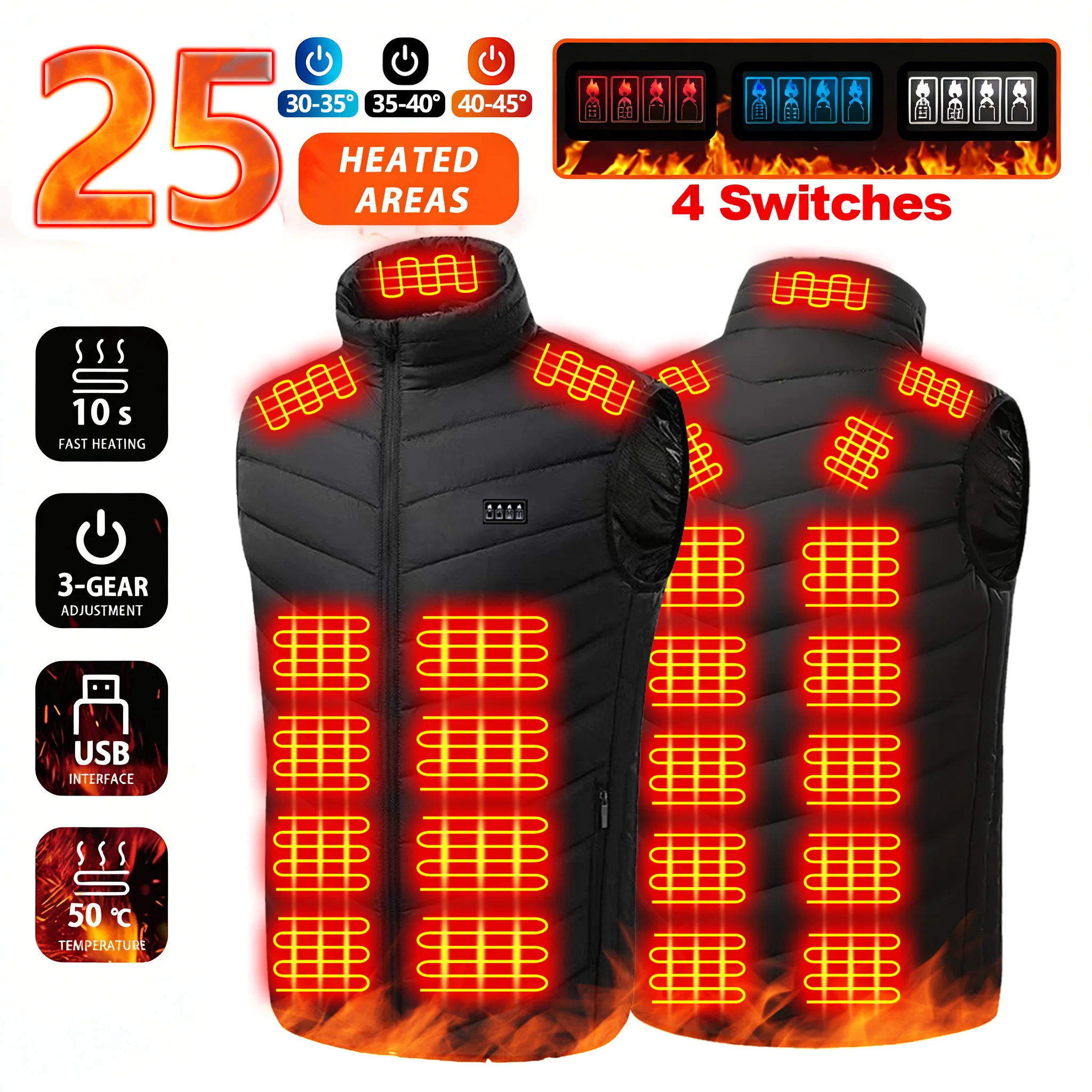 Chaleco Térmico Inteligente de Invierno con Calentamiento Rápido, 25 Zonas de Calor, 3 Ajustes de Temperatura, Control de 4 Zonas, Puerto USB para Hombres, para Actividades al Aire Libre