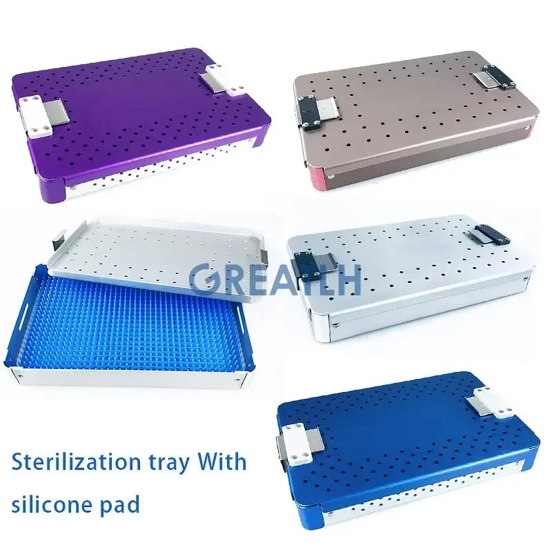 Estuche de esterilización de una sola capa, bandeja Autoclavable con alfombrilla de silicona, herramienta de esterilización, instrumentos de aluminio, sujeción de esterilización