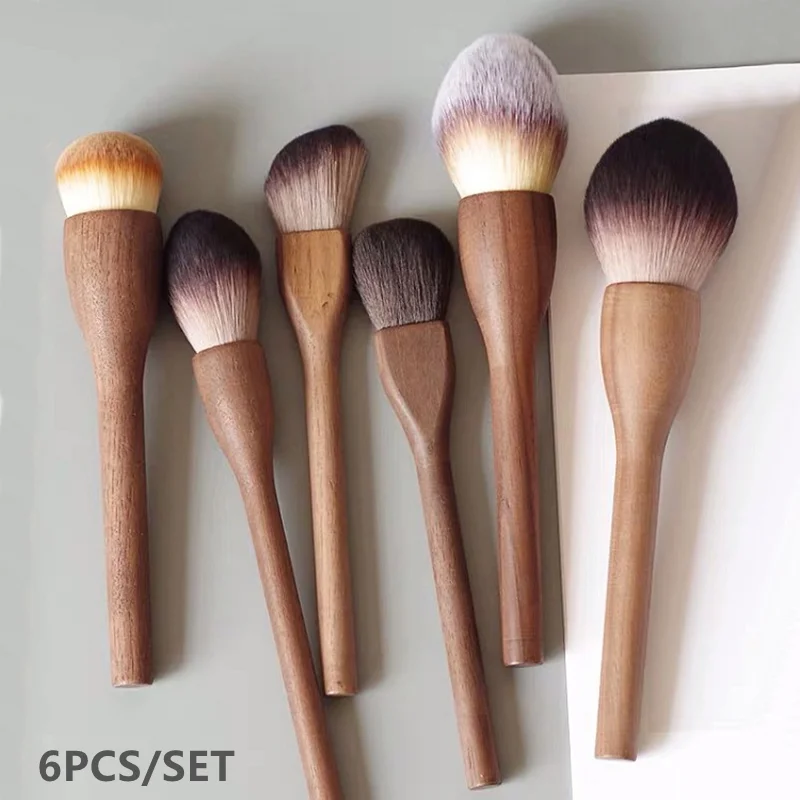 Brocha de maquillaje con mango de madera Vintage, brocha de contorno de base en polvo suelto de nogal de alta calidad, herramienta de belleza súper suave, 6 uds.