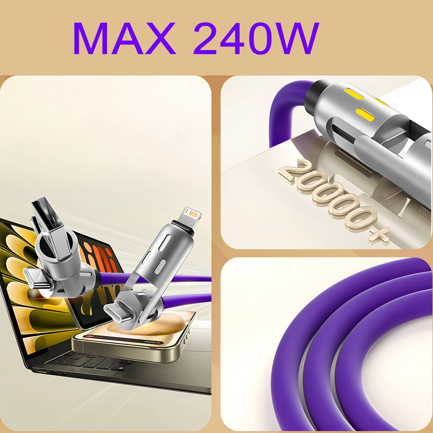 Cable 4 en 1 de 240W USB tipo C a USB C Cable de cargador rápido PD para iPhone 16 Pro Max 15 iPad Xiaomi Samsung Tablet Cable de datos de 1M