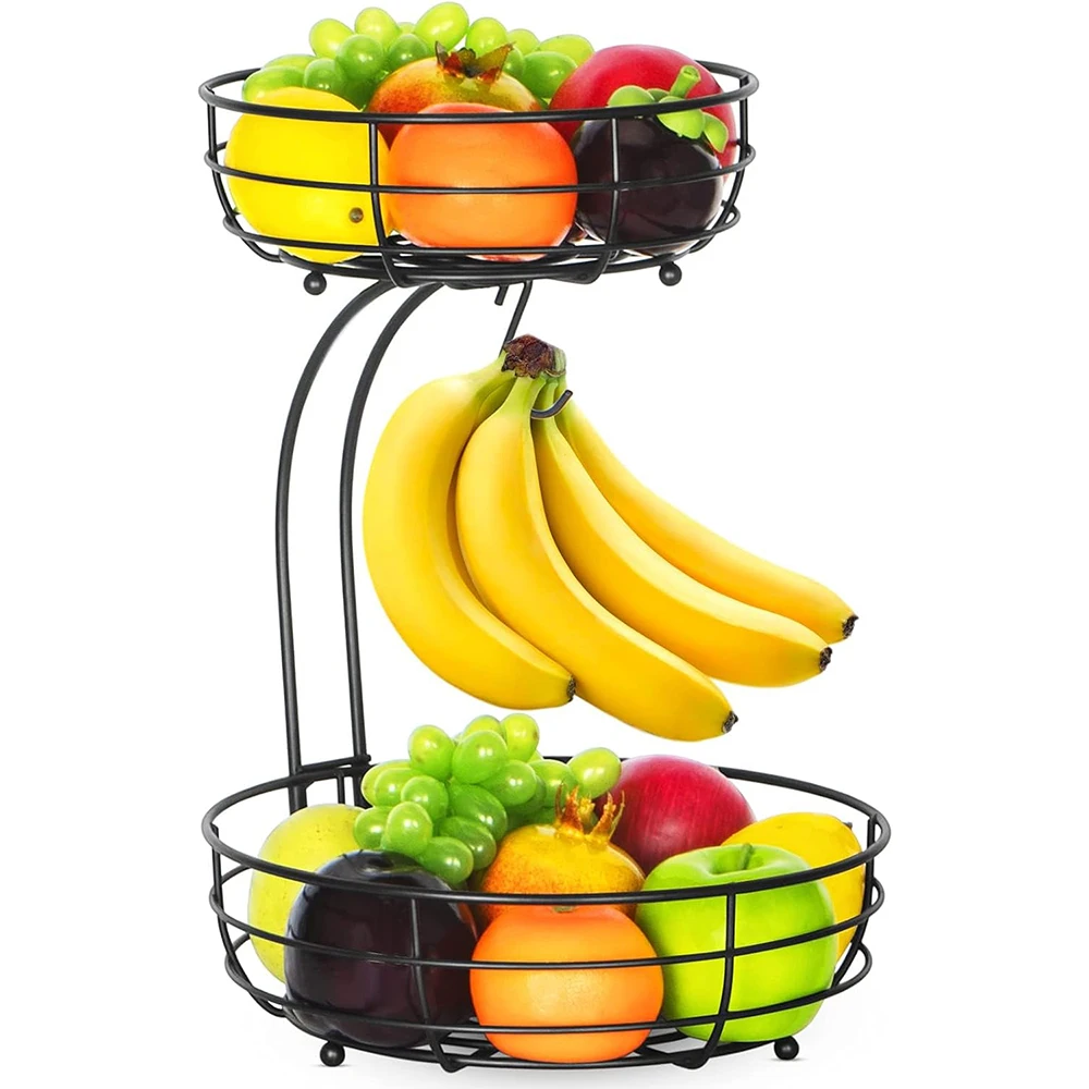 LMETJMA-cesta de frutas para encimera de 2 niveles, cuenco con colgador de plátano, soporte de frutas de alambre de Metal para cocina, organizador de almacenamiento JT312