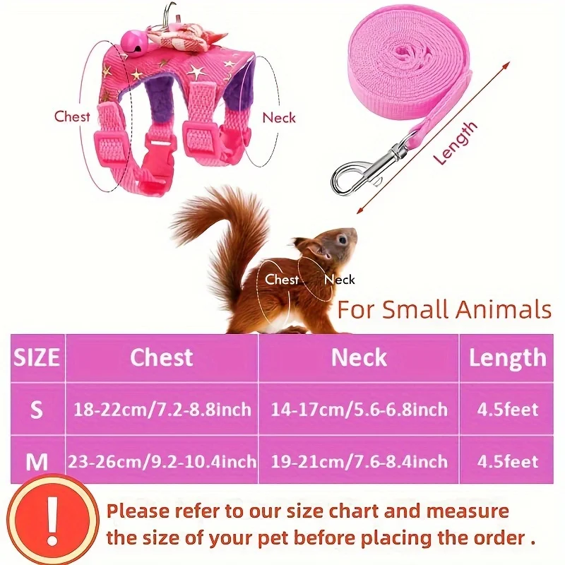 2 unids/set arnés y correa para hámster, conjunto para caminar, ropa para mascotas pequeñas con campanas de lazo, chaleco acolchado seguro y cómodo, tira para hámster