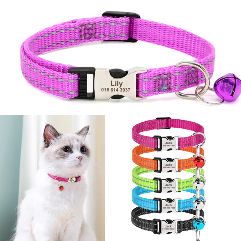 Collar de gato personalizado grabado, collares reflectantes para cachorros y gatitos con campana, accesorios personalizados para mascotas, 1cm de ancho