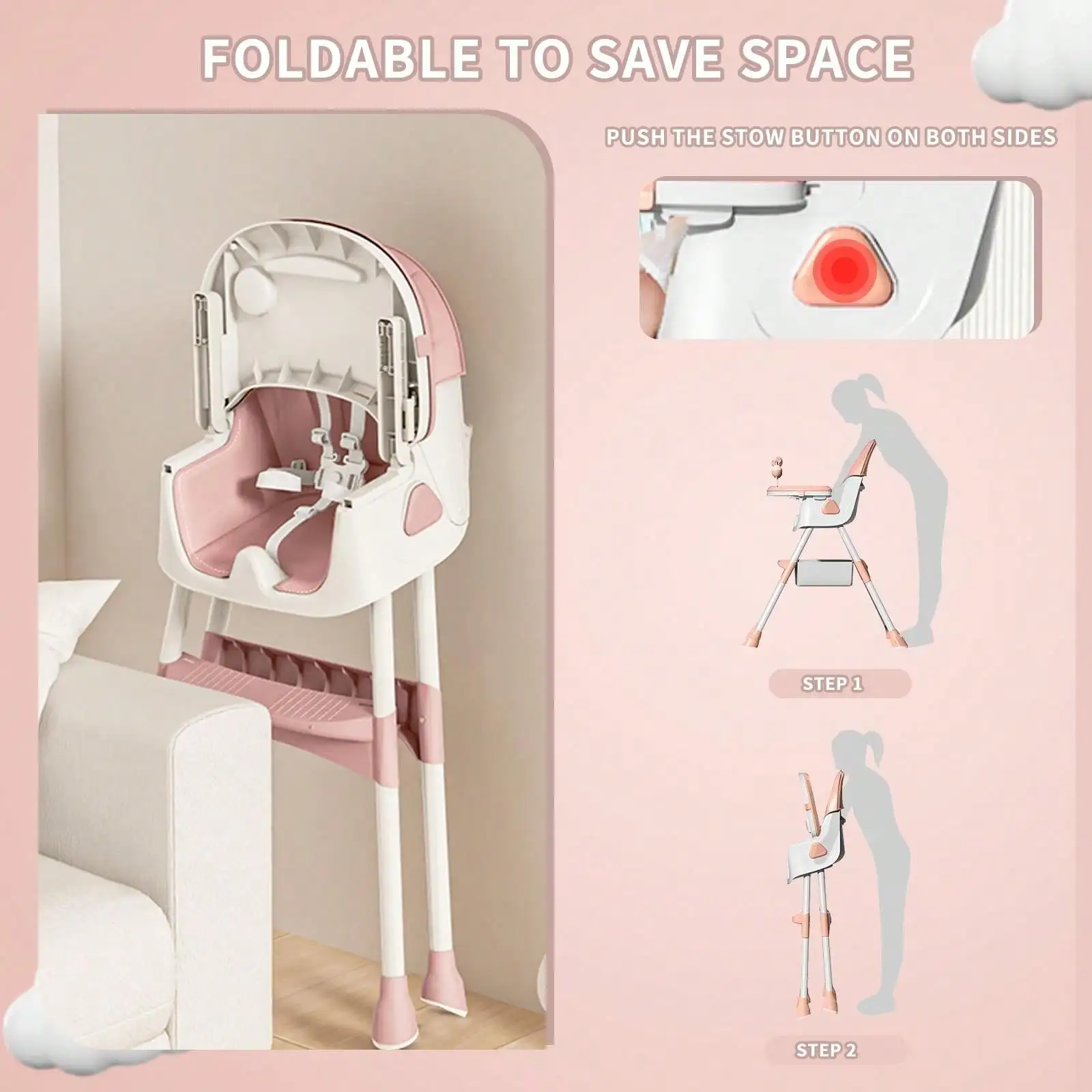 Trona para bebé 3 en 1, trona plegable y ajustable para bebés con bandeja extraíble, cinturón de seguridad, reposapiés y ruedas