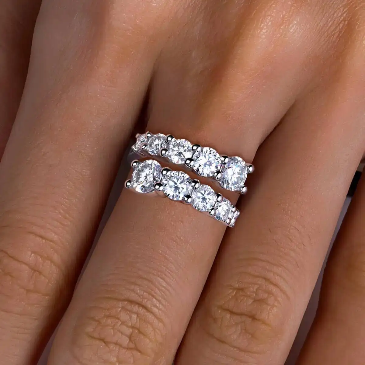 TY 925 anillos de moissanita de plata bandas de mujer 10 piedras diamante brillante vástago giratorio anillo de boda joyería de compromiso