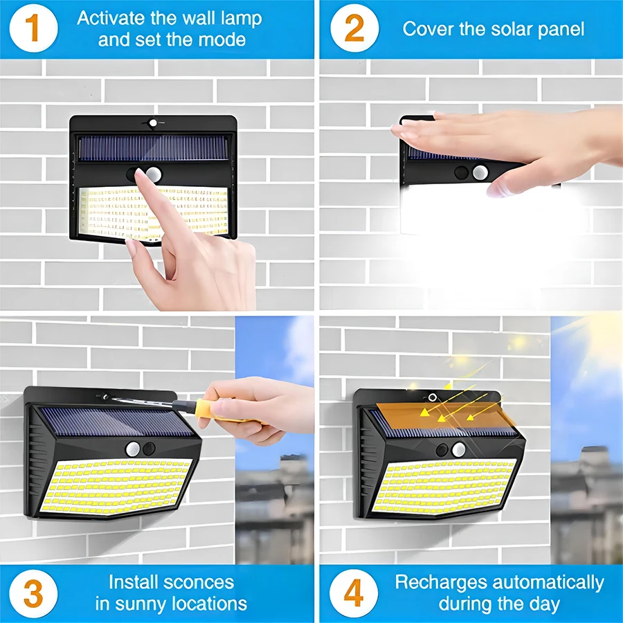 Luz Solar LED 138/468/238 para exteriores, resistente al agua, para jardín, alimentada por energía solar, luz de pared para calle, iluminación de seguridad, 3 modos