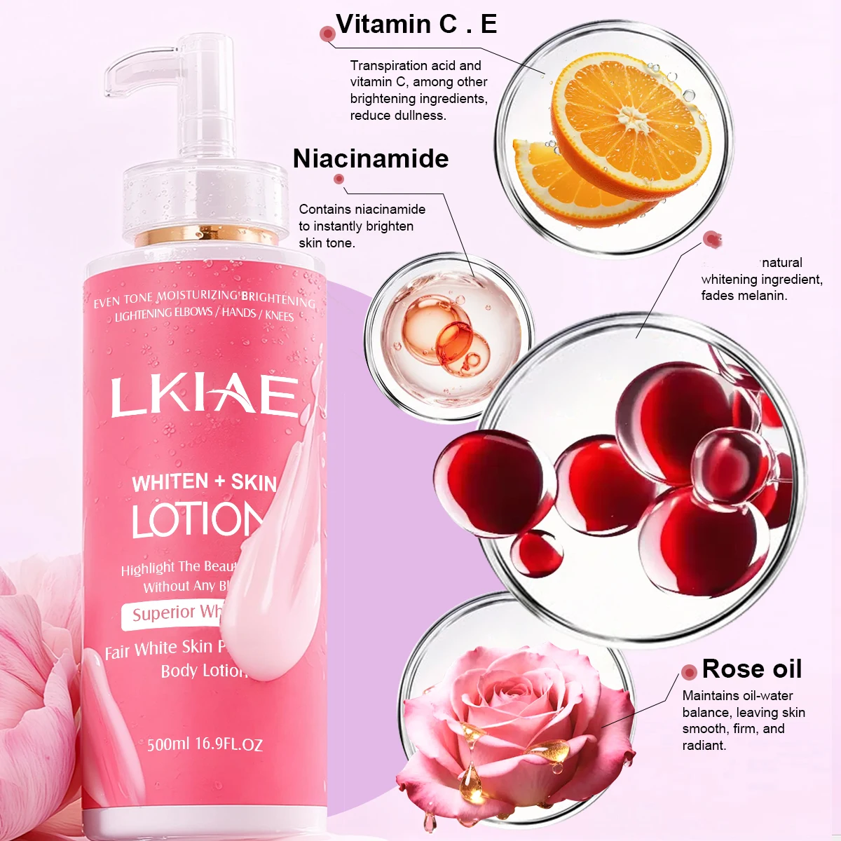 LKIAE Loción Corporal Blanqueadora con Niacinamida, con Aceite de Rosa Natural, Vitamina C, Hidratante, Iluminadora, Unifica el Tono de Piel, 500ml