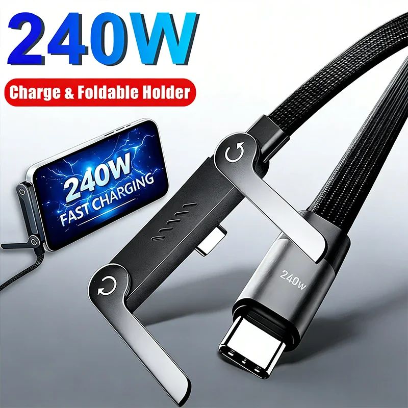 Cable USB 2 en 1 de 240W a Tipo-C con Soporte Plegable, Cable de Datos Tipo C de Carga Rápida con Soporte de Escritorio para Huawei, Xiaomi 17, 16, Samsung