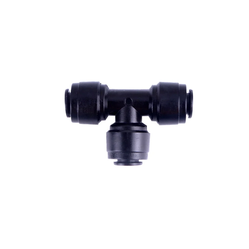 Accesorio de agua RO negro, Tee de codo recto, manguera de acoplamiento POM, tubo de PE, conector de mamparo de vidrio, piezas de filtro de agua, 1/4 "6,35 mm