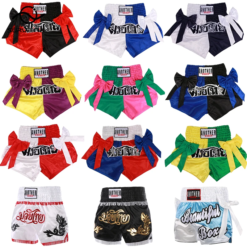 Pantalones cortos Muay Thai con lazo de satén, pantalones cortos de lucha para Kickboxing, pantalones cortos de entrenamiento para jaula de boxeo, ropa de combate para mujeres y niños, ropa de artes marciales MMA