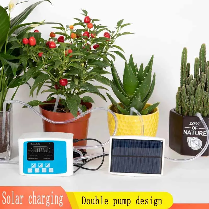 Dispositivo de riego por goteo para jardín, sistema de temporizador con controlador de doble bomba, dispositivo de riego automático inteligente de energía Solar para plantas