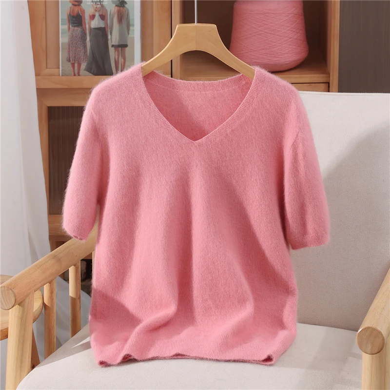 Suéter de punto de Cachemira de visón puro 100% de manga corta para mujer, nueva camiseta con cuello en V, Top informal, camisa básica de Color sólido