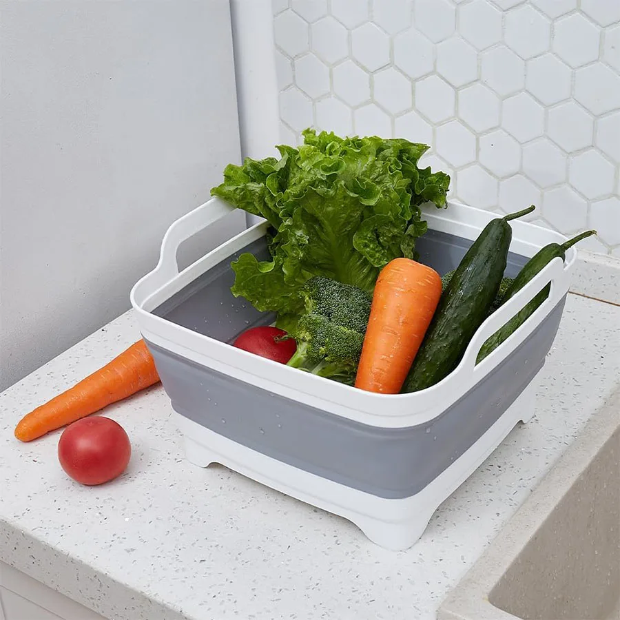 Lavabo de verduras de plástico plegable de 9 litros con tapón de drenaje para almacenamiento de platos, lavado de frutas y verduras, cubo frío