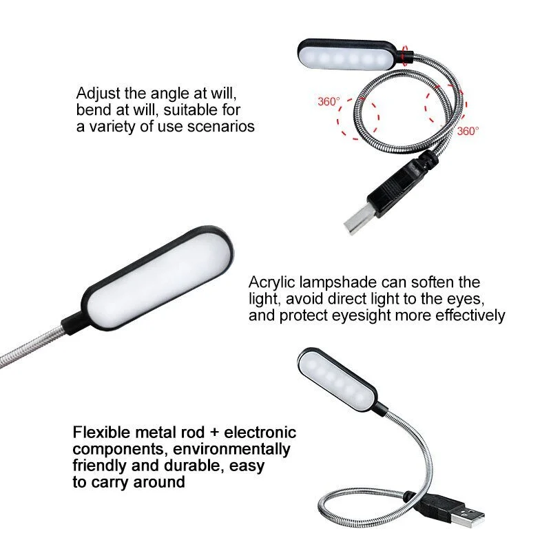 Lámpara de lectura LED USB portátil, Mini Luz de libro, luces nocturnas plegables para acampar, lámparas de mesa para banco de energía, PC, Notebook, portátil