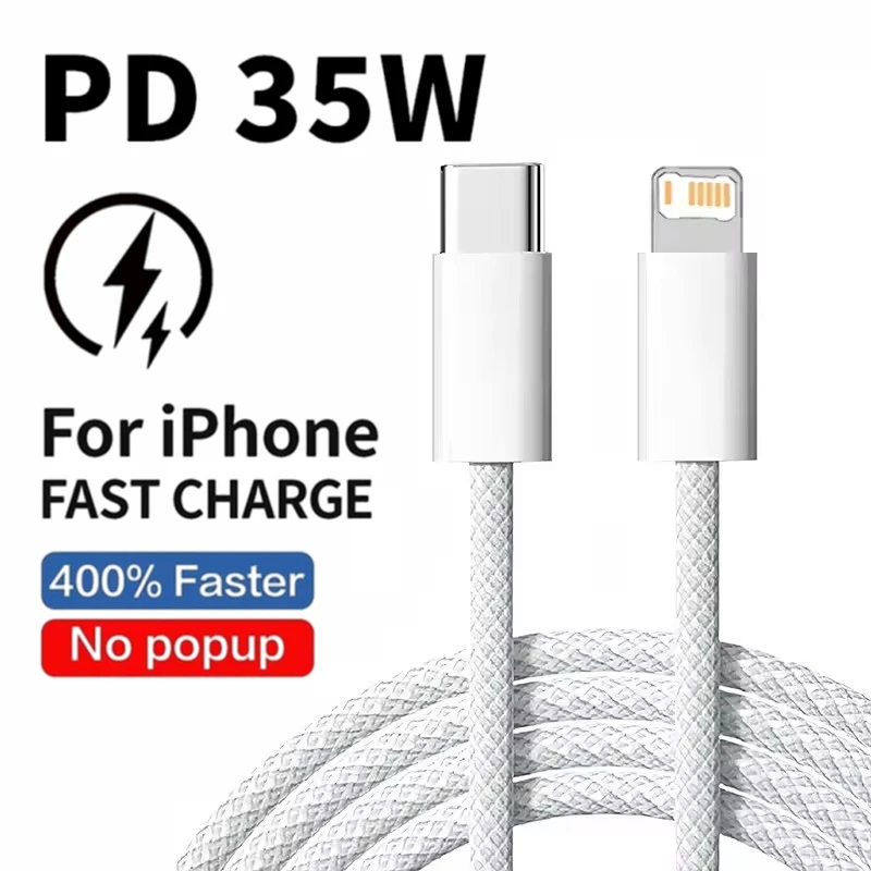 Cable PD de carga rápida trenzado de 35W para iPhone 13 14 Pro Max 11 12 mini X XR XS Max 7 8 Plus Cables de datos USB-C de carga rápida 1m 2m