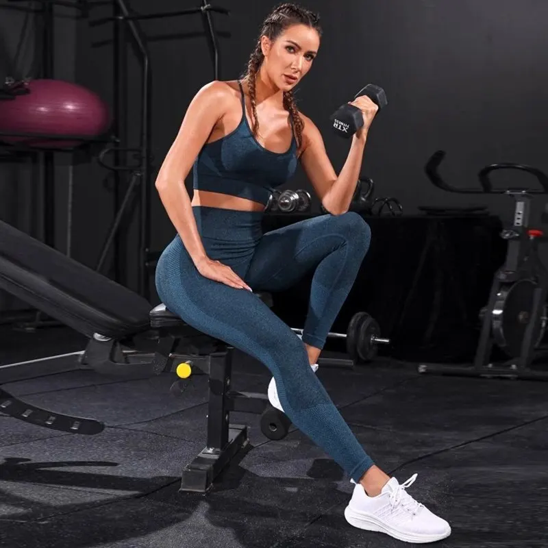 Chándal de Yoga sin costuras para mujer, ropa deportiva de entrenamiento, ropa de gimnasio, Leggings de cintura alta, trajes deportivos de Fitness, 2 piezas