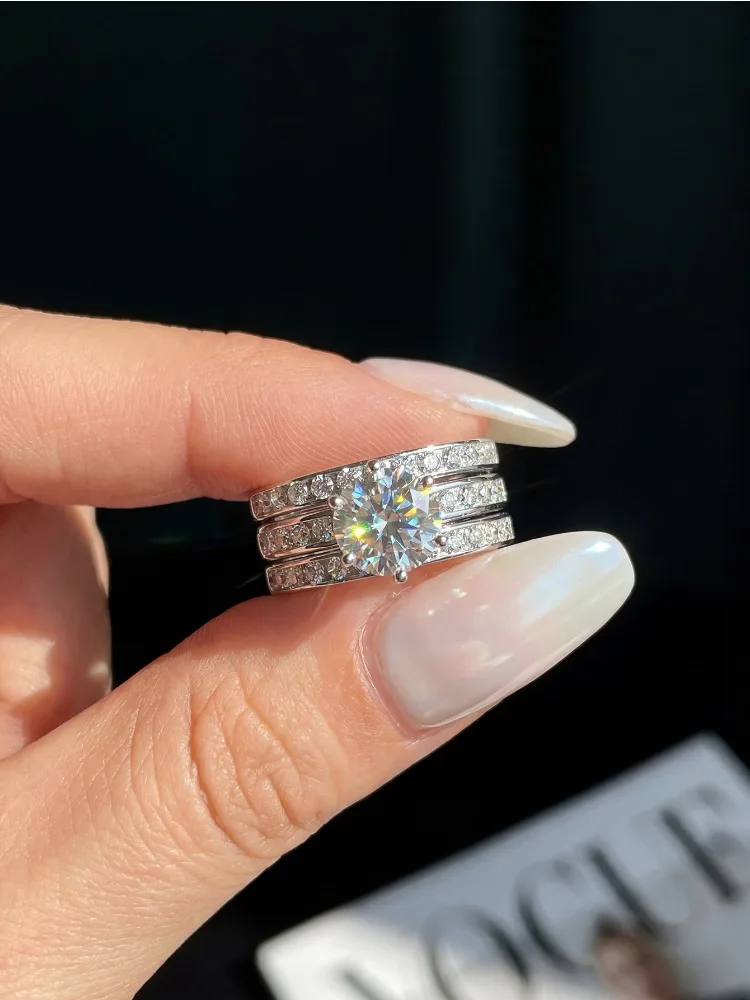Conjunto de anillos de diamantes Moissanite auténticos brillantes de 2CT para mujer, regalo de plata de ley 925 auténtica, gran oferta, joyería fina para boda