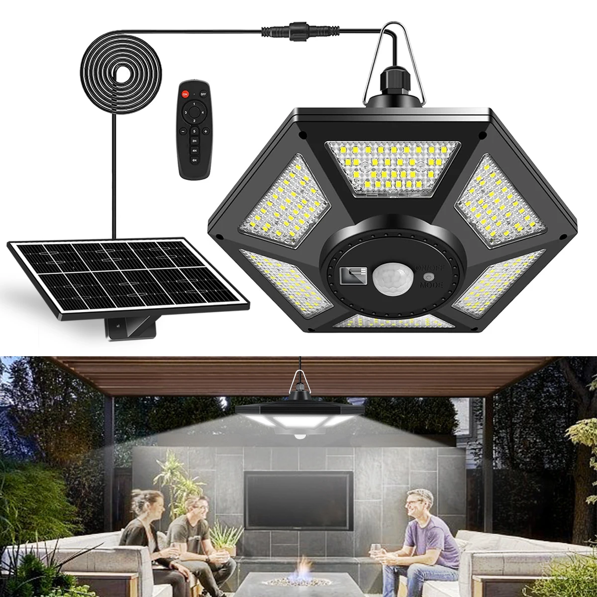 Lámpara Solar Colgante para Interiores y Exteriores, Luz con Mando a Distancia, Sensor de Movimiento, Foco para Garaje, Patio, Almacén, 180 Ledes, 5 Modos de Iluminación