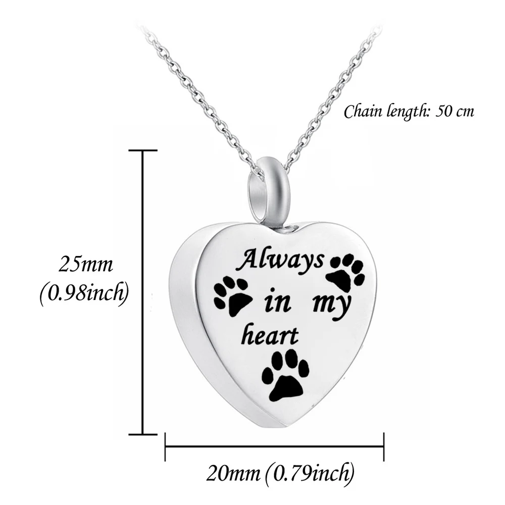 Joyería de Cremación para Cenizas, Siempre en Mi Corazón, Colgante de Acero Inoxidable con Forma de Corazón y Huella de Mascota, Collar Urna Conmemorativa