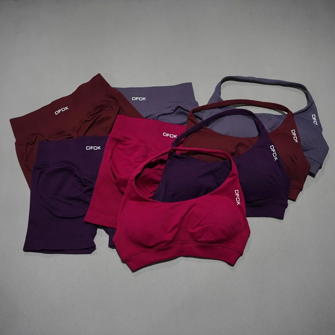 DFDK Conjunto deportivo de 2 piezas para mujer, sujetador deportivo con cordones, pantalones cortos sin costuras, leggings, yoga, gimnasio, fitness, correr, chándal