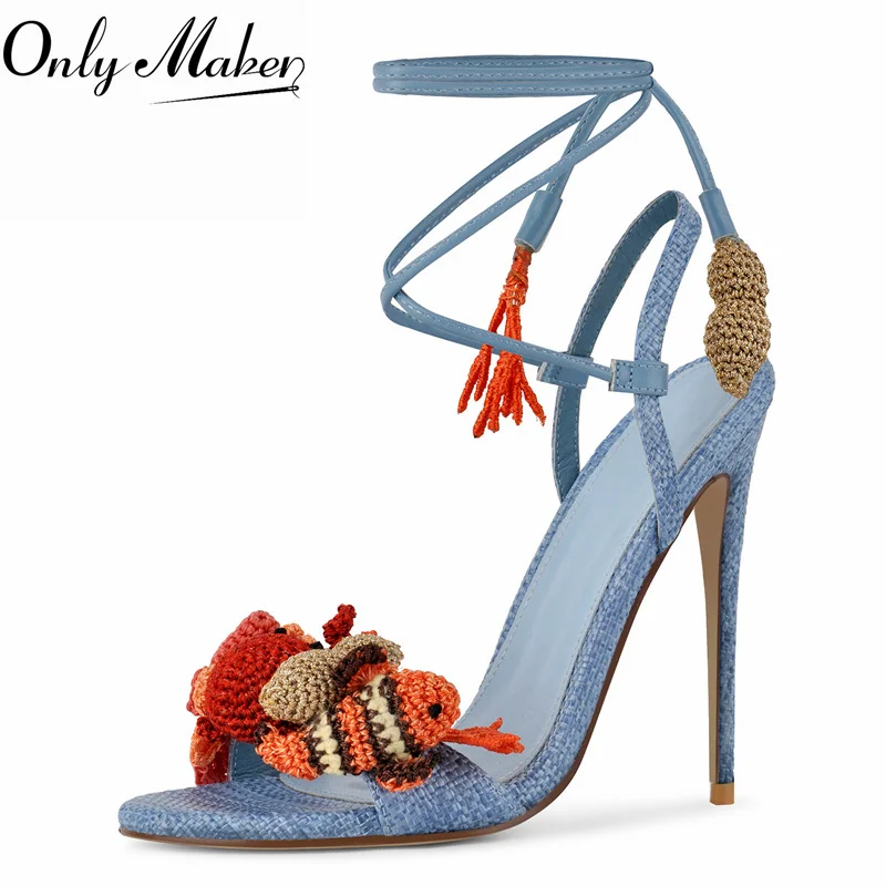 Onlymaker Sandalias de tacón fino con punta redonda y adornos tejidos para mujer, sandalias de talla grande