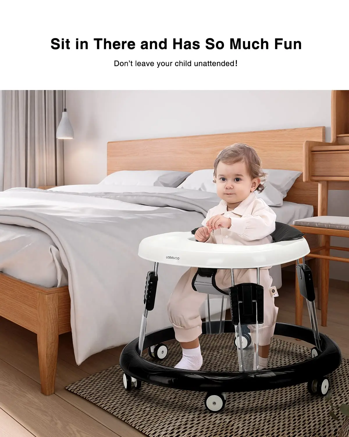Andador ajustable para bebés, bandeja fácil de limpiar, rollador universal, andador plegable antivuelco para niñas y niños de 6 a 18 meses
