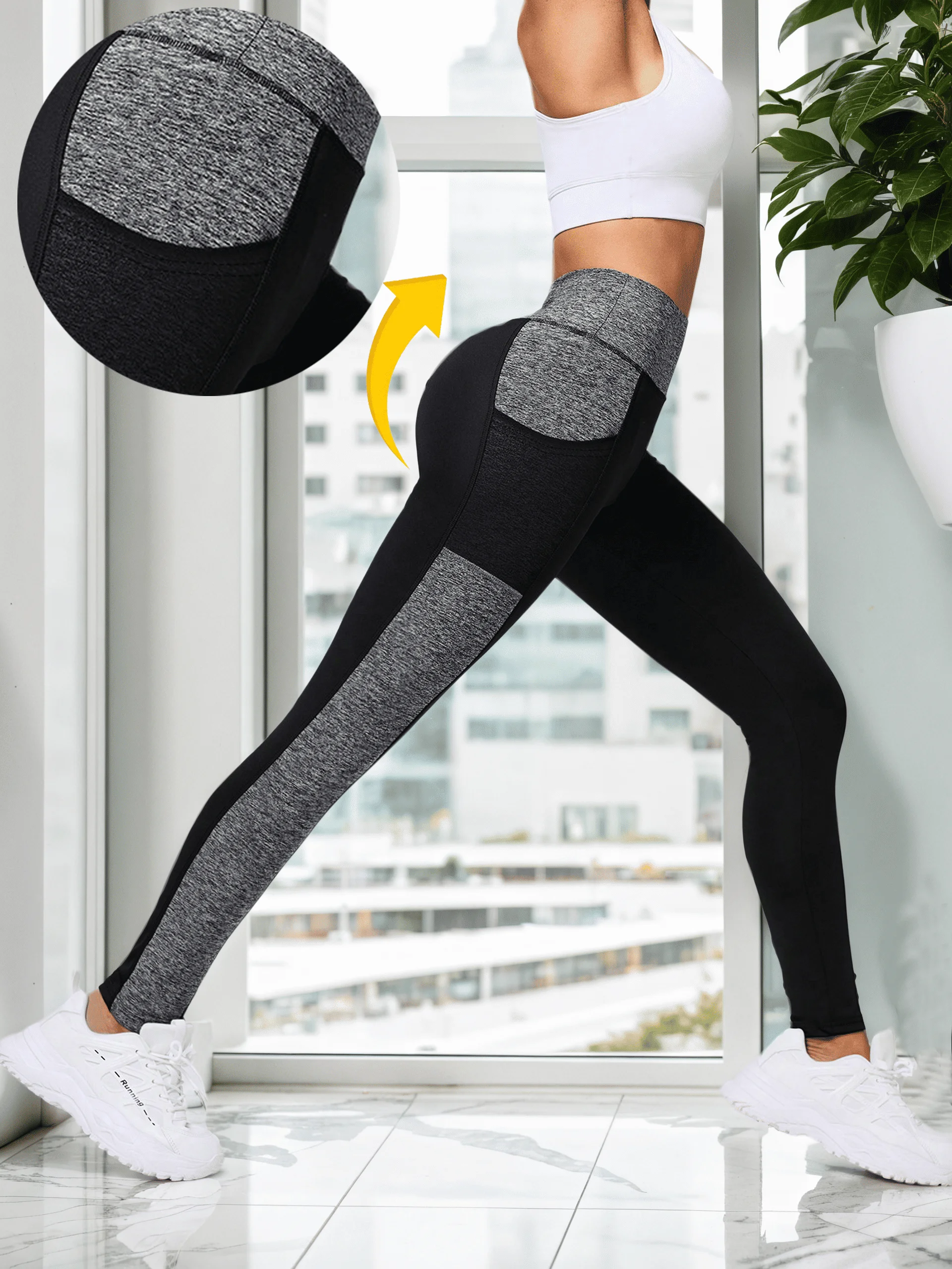 Pantalones de yoga de cintura alta con bloques de color de malla con bolsillos Leggings para mujer Leggings de entrenamiento con control de barriga para mujer
