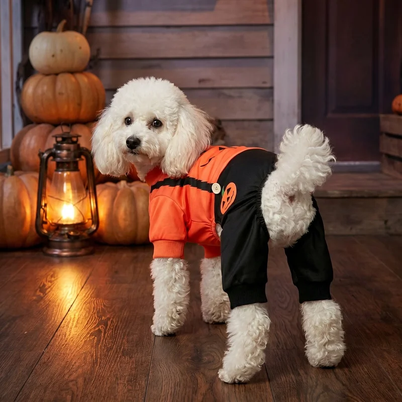 Pijama de Halloween para Perro, Disfraz de Calabaza Jack-O'-Lantern, Mono de 4 Patas para Cachorros, Ropa Festiva para Perros y Gatos Pequeños y Medianos