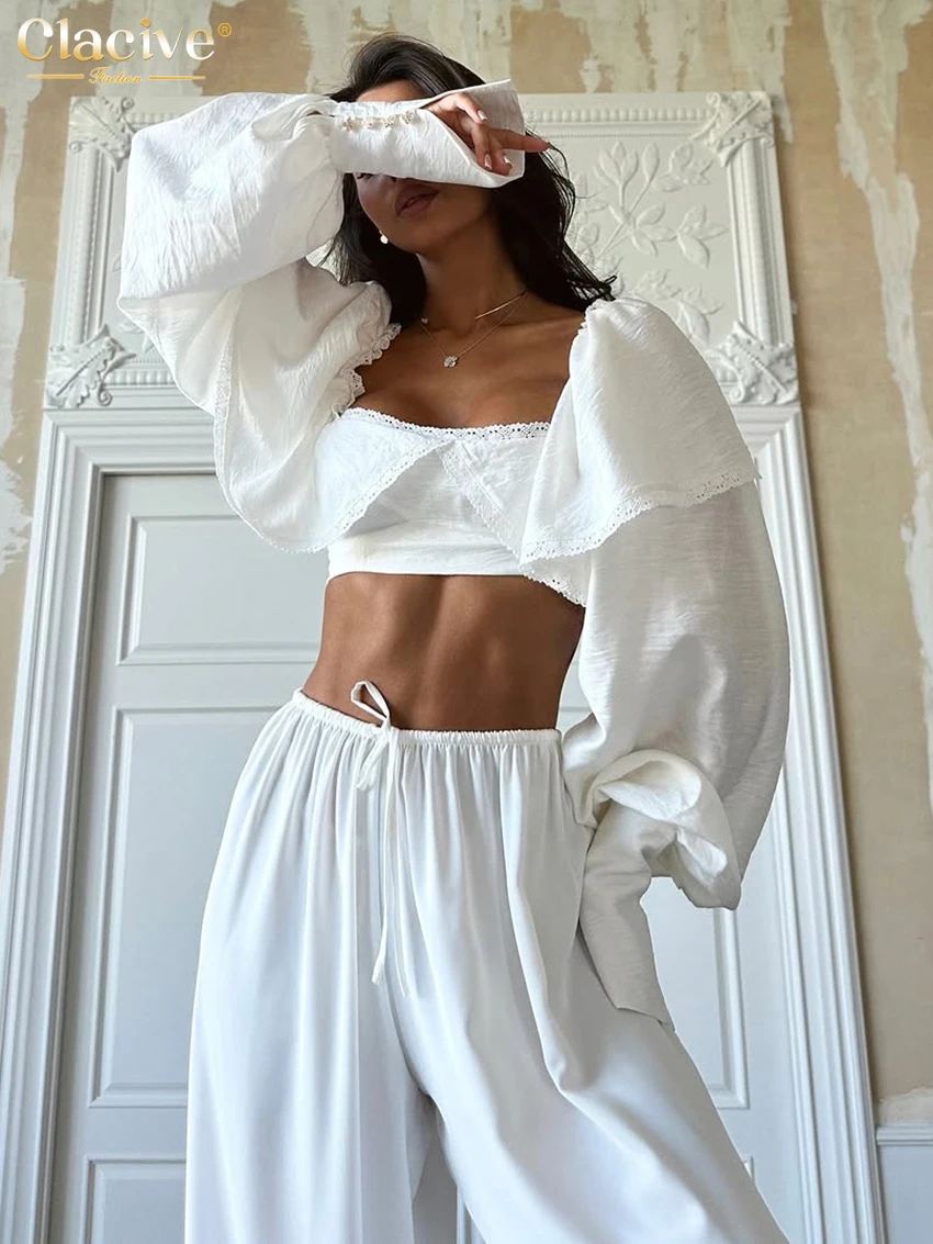Clacive-Top blanco ajustado para mujer, Top corto de manga larga con cuello cuadrado a la moda, Tops lisos clásicos elegantes, ropa femenina 2025