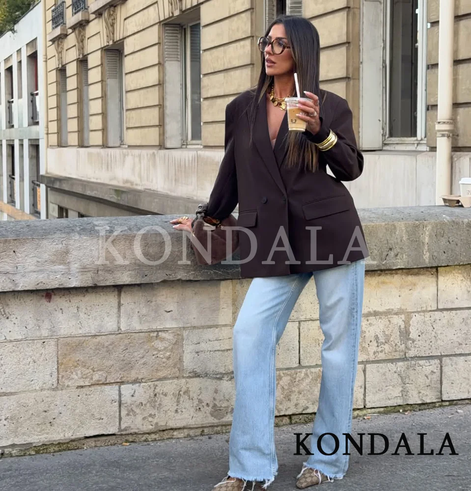 KONDALA elegante chaqueta cruzada para ir al trabajo para mujer, chaqueta Vintage con botones marrones, chaqueta de oficina a la moda para primavera y verano 2026