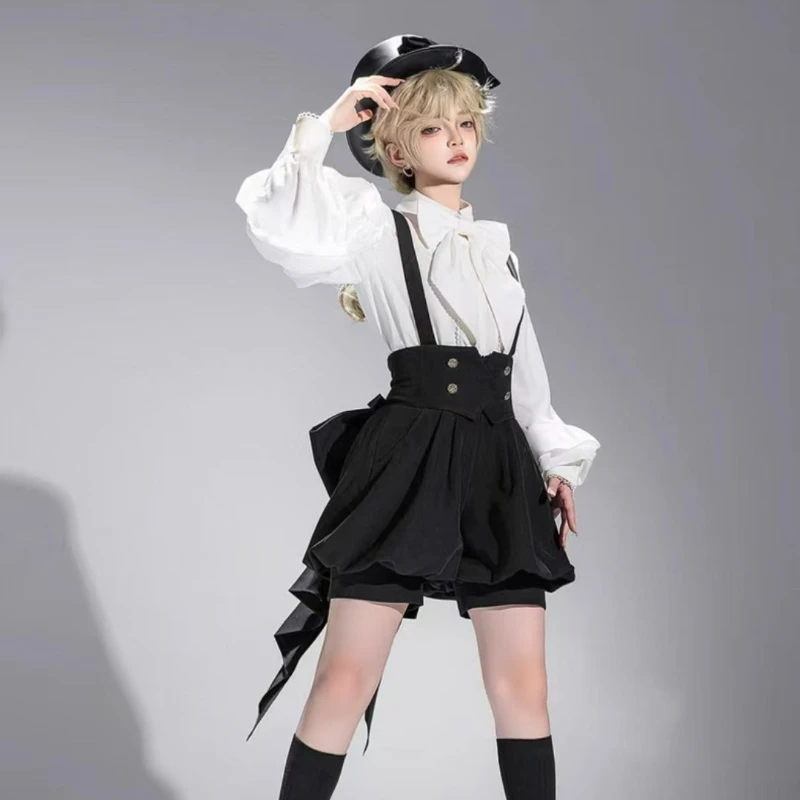 Conjunto gótico japonés Y2k de 2 piezas para mujer, camisas con lazo blanco dulce, falda con tirantes negros, Mini pantalones, traje de princesa Vintage informal