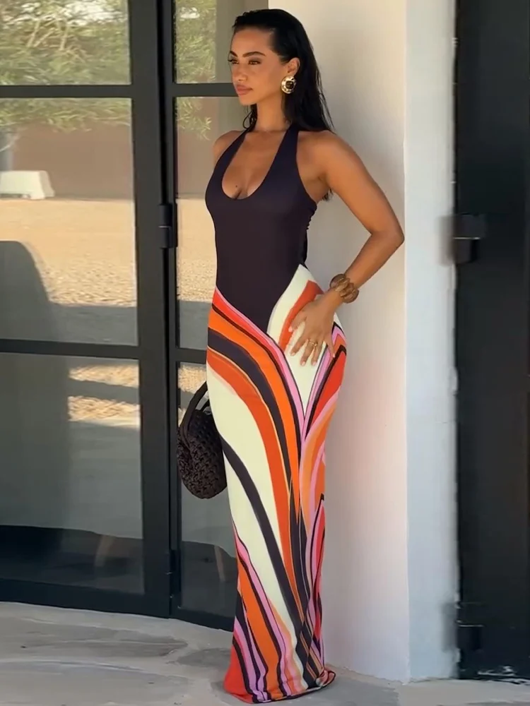 Vestido Largo Sexy con Cuello Halter en Contraste para Mujer, Sin Mangas, Espalda Descubierta, Ajustado a la Cadera, Vestidos Maxi de Verano 2026, Vestidos de Vacaciones con Parches para Mujer
