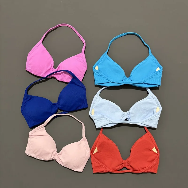 Sujetador deportivo con tiras y espalda descubierta para Yoga, sujetador de gimnasio, Push-up, copas extraíbles, ropa de entrenamiento para mujer, Top de gimnasio, sujetadores deportivos con cuello Halter
