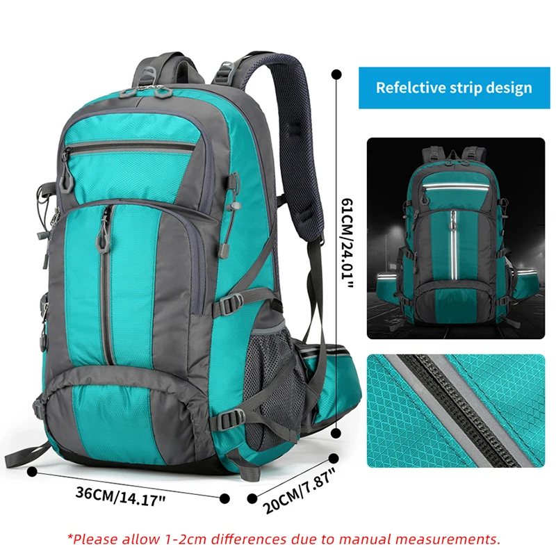 Mochila de nailon de 50L, bolsa para acampar, deporte al aire libre, senderismo, escalada, viaje, hombro, zapatos reflectantes, equipaje, bolsa para hombre al aire libre