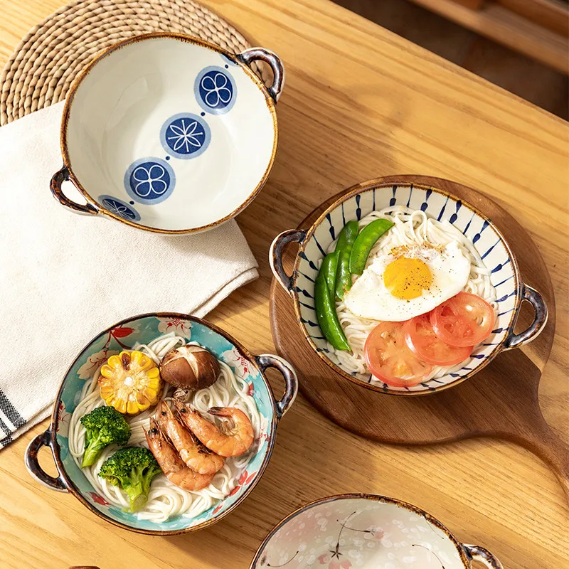 Cuenco de fideos japonés para el hogar, tazón de sopa de cerámica con mango, ensalada, Pasta, vajilla de cocina, horno microondas, utensilios para horno, 7,5 pulgadas