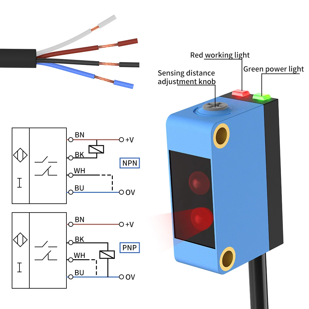 Sensor fotoeléctrico de supresión de fondo GTRIC NPN PNP 10-30V DC distancia de detección 30cm interruptor óptico láser cuadrado ajustable