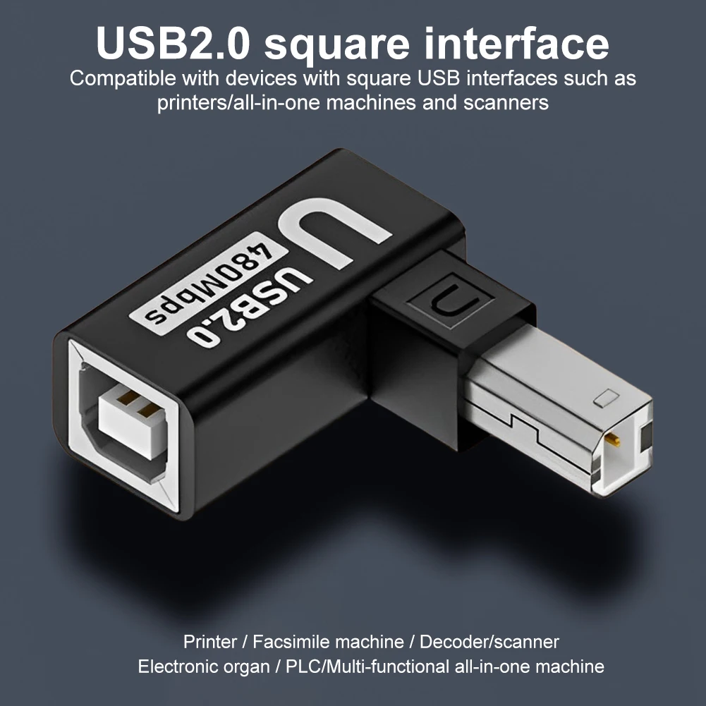 Adaptador de impresora USB 2,0 macho a hembra, convertidor de enchufe de extensión para Escáner de impresora, 90 grados, USB B, 2,0