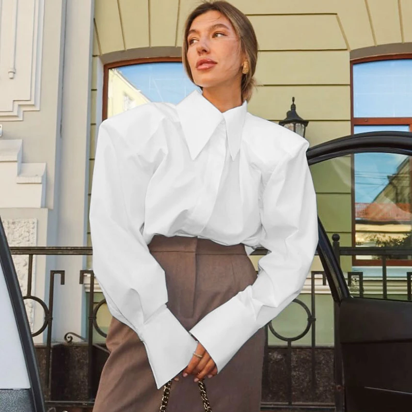 Camisa de Manga Abullonada para Mujer, Blusa Elegante de Otoño para Oficina, Estilo Chic Urbano con Cuello Camisero