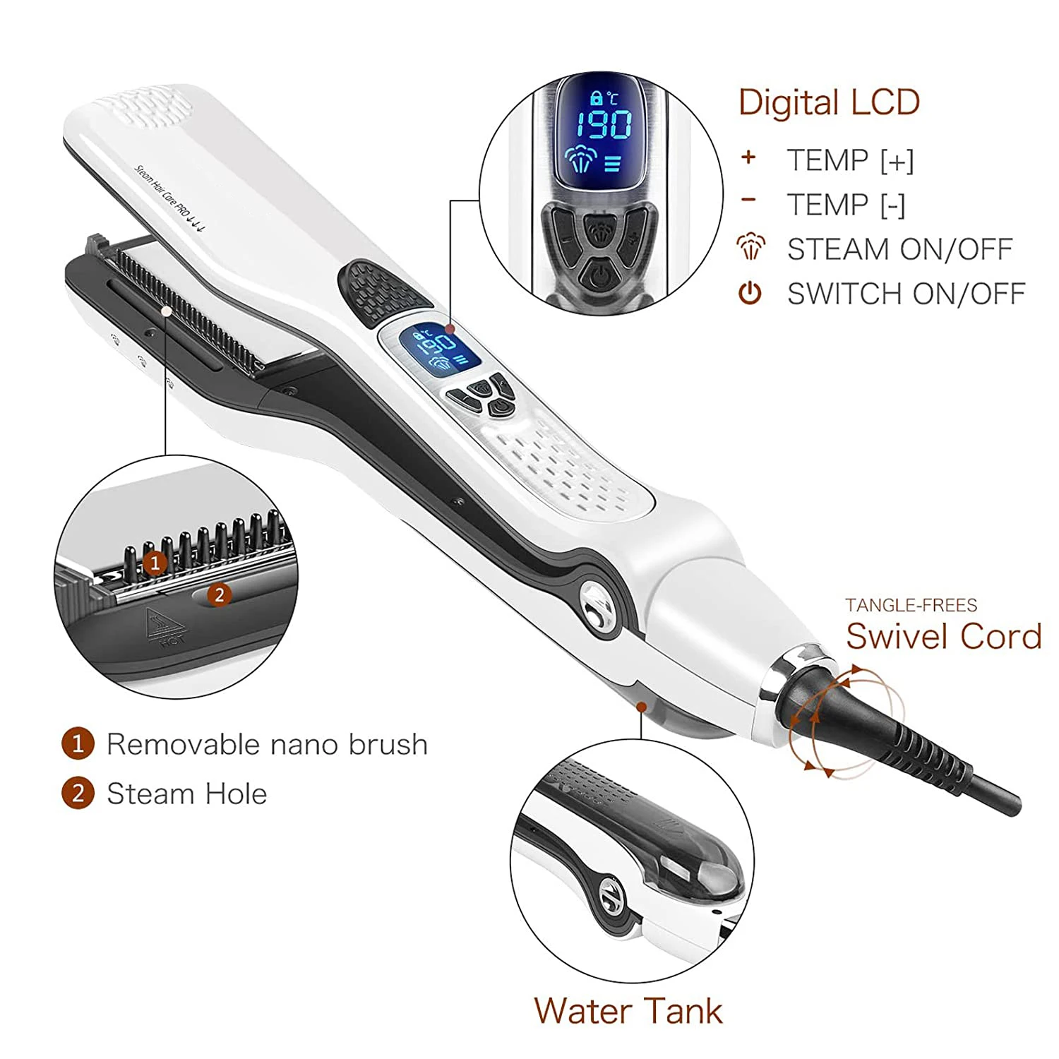 Plancha de pelo profesional, plancha plana de vapor, cepillo alisador, cepillos eléctricos para el cabello, alisadores de vapor de turmalina de cerámica