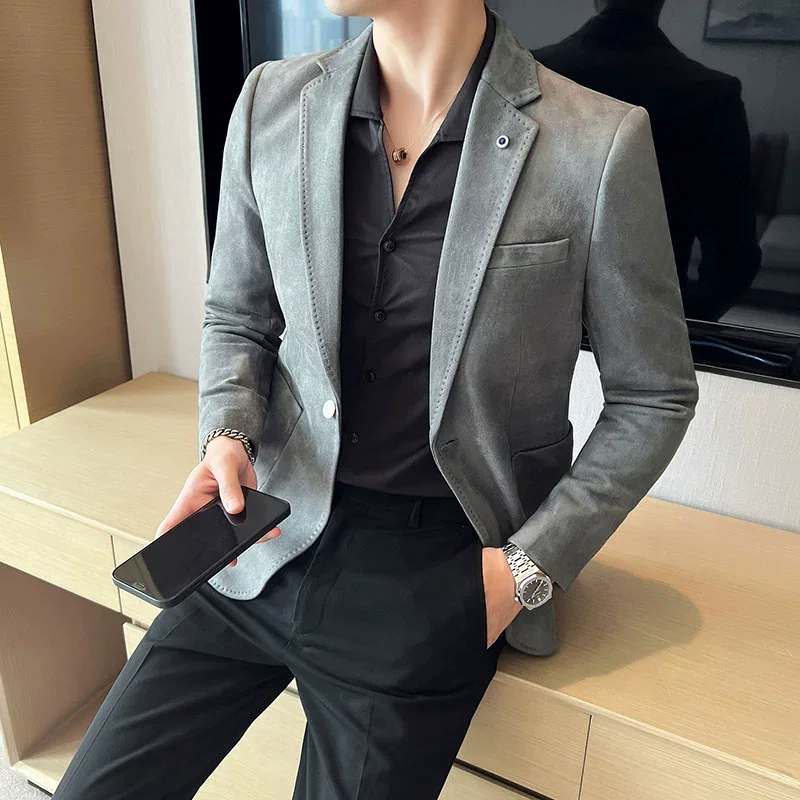 Nuevo abrigo de traje de moda para hombre, chaqueta de lujo elegante de terciopelo de piel de venado ajustada, abrigo informal de negocios para boda, traje de talla grande 4XL-S