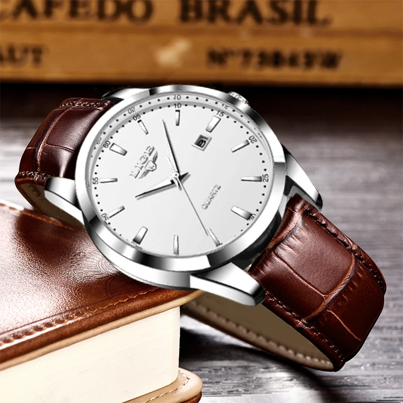 Reloj LIGE para Hombre, correa de cuero de moda, relojes para Hombre, deporte militar, calendario resistente al agua, relojes de pulsera de cuarzo, Reloj para Hombre