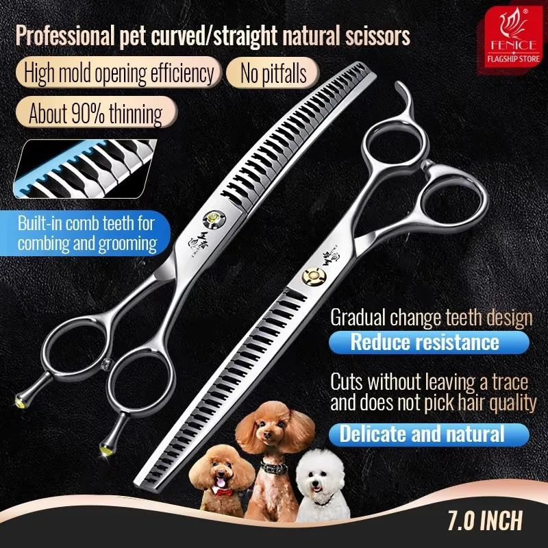 Fenice 7/7,5 pulgadas VG10 acero 3D gradiente sin rastro cuidado de perros tijeras curvadas naturales tornillos de rodamiento tijeras para mascotas 70%