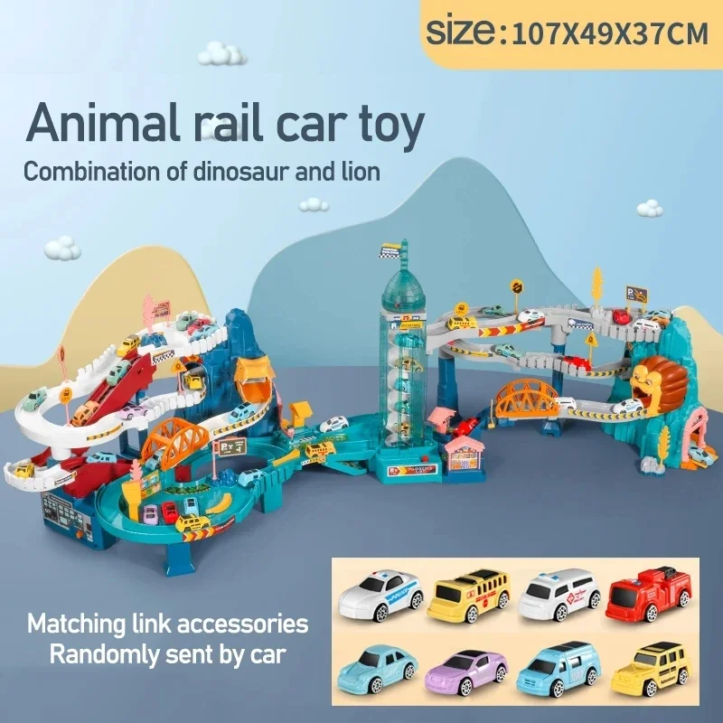 Coche ferroviario eléctrico, edificio de dinosaurios, estacionamiento, coche ferroviario de carreras de aventura, juguetes para niños, coches ferroviarios interactivos mecánicos cerebrales