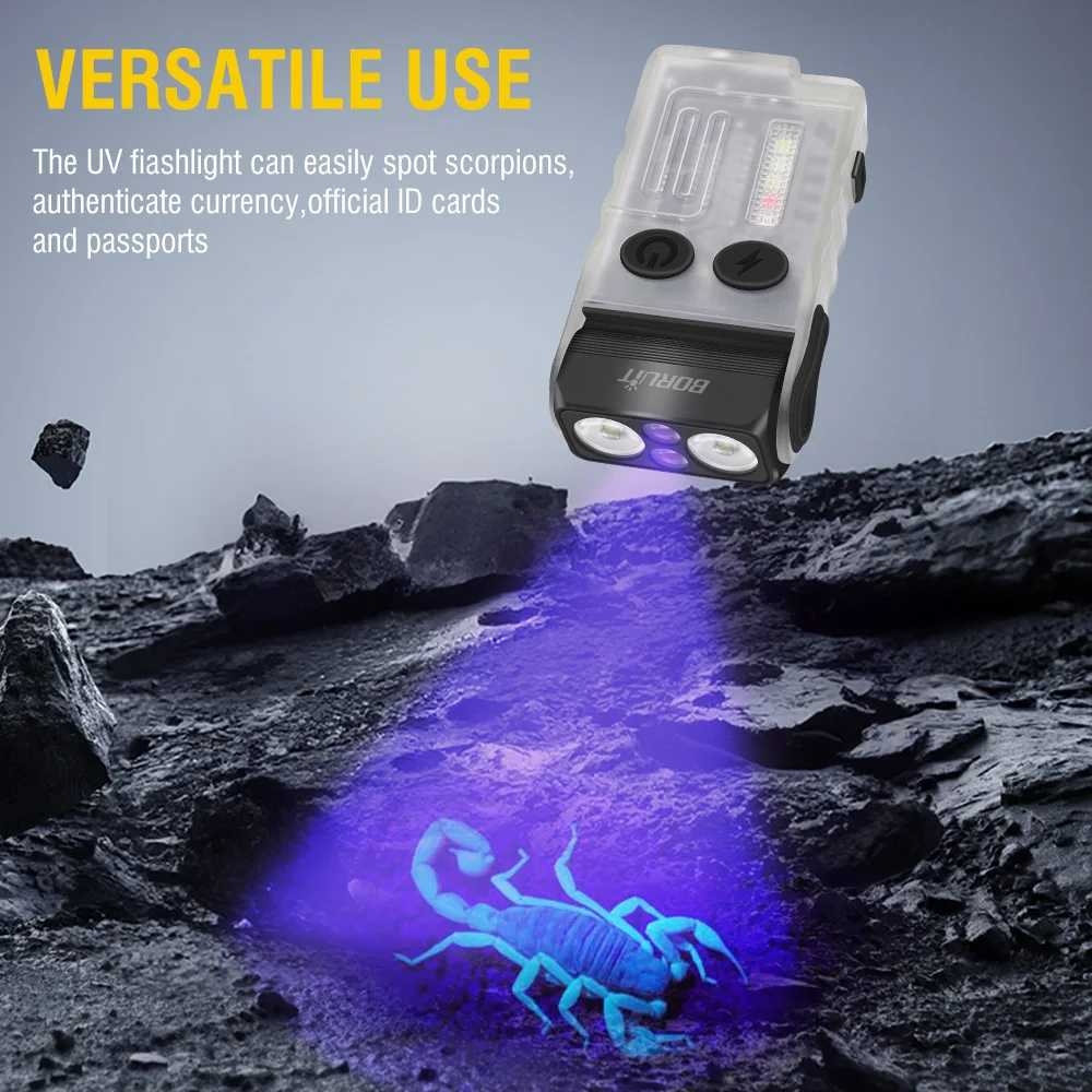 Llavero con linterna LED BORUiT V20 180 ° Clip de pitido magnético UV de rotación USB-C recargable Camping pesca antorcha alarma emergencia