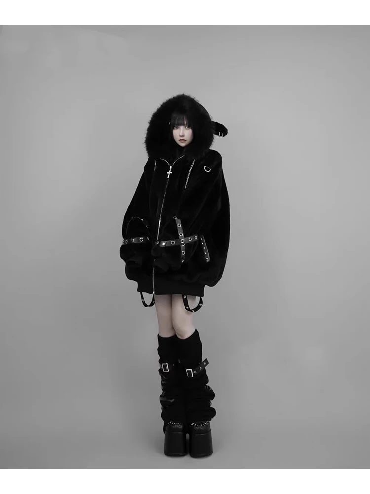 Mauroicardi Otoño Invierno de gran tamaño cálido suave blanco abrigo de piel sintética mujeres con capucha Harajuku moda chaqueta mullida ropa de calle 2025