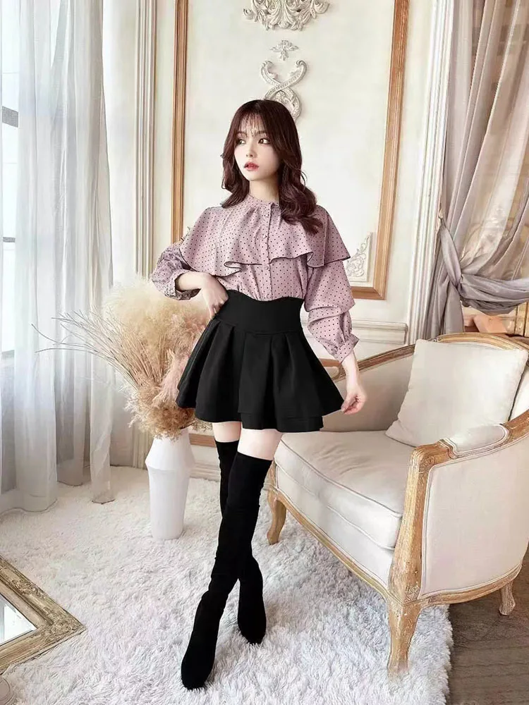 Faldas negras estilo Lolita japonés para mujer, primavera y otoño, nueva cintura elástica, minifaldas plisadas cortas para mujer, Culottes bonitos para chica