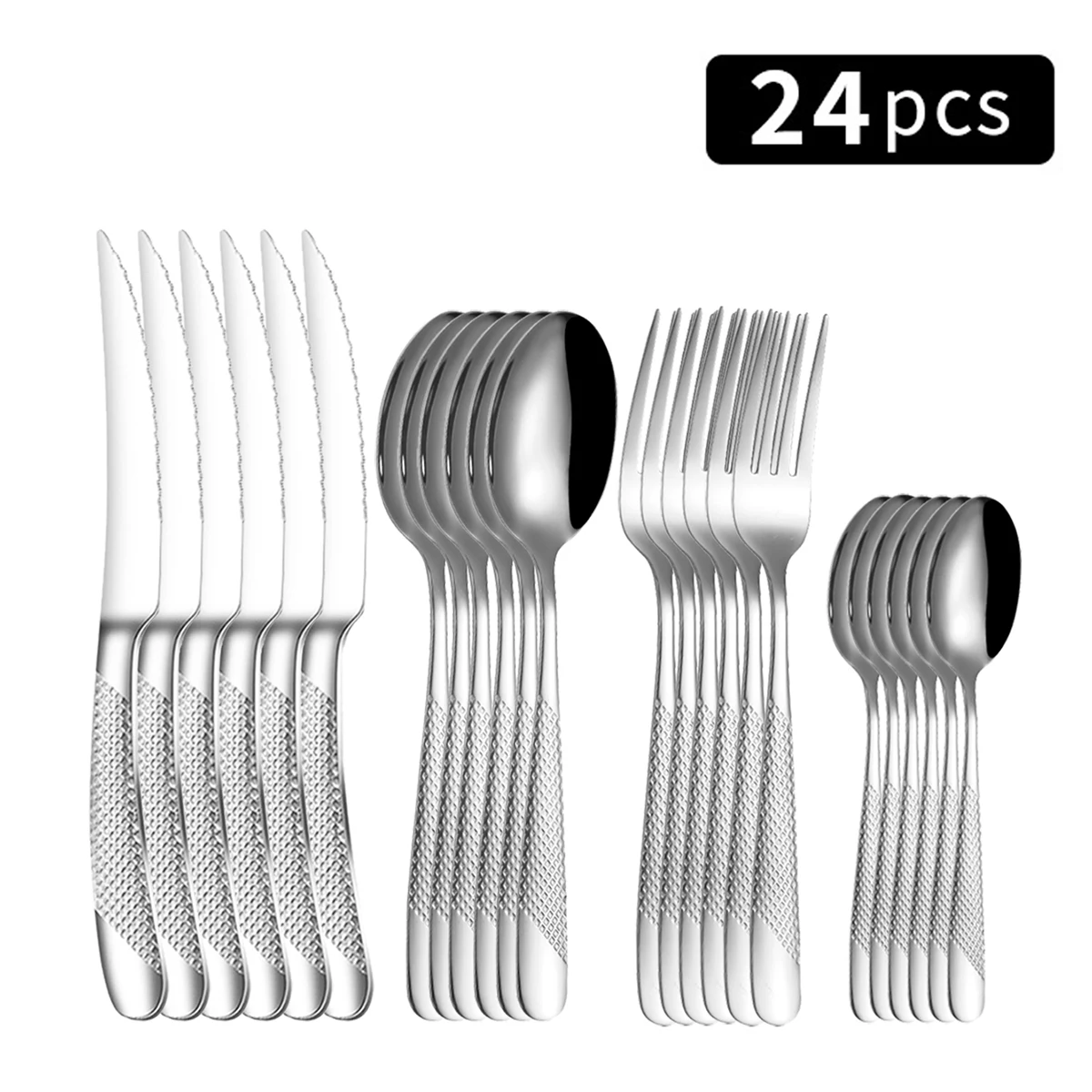 Juego de 24 piezas de cubiertos de acero inoxidable: cuchillo y tenedor para bistec, tenedor y cuchara para postre, para la familia.