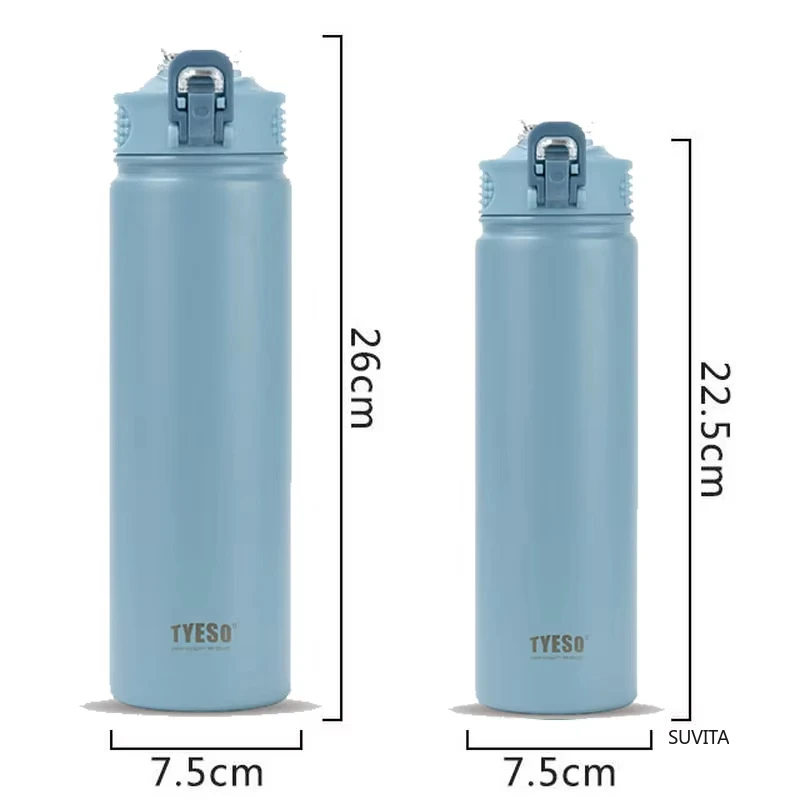 TYESO-botella de agua termo de 600ML/750ML con pajita, taza deportiva térmica de acero inoxidable para coche, mantiene el frío y el calor, taza de viaje térmica